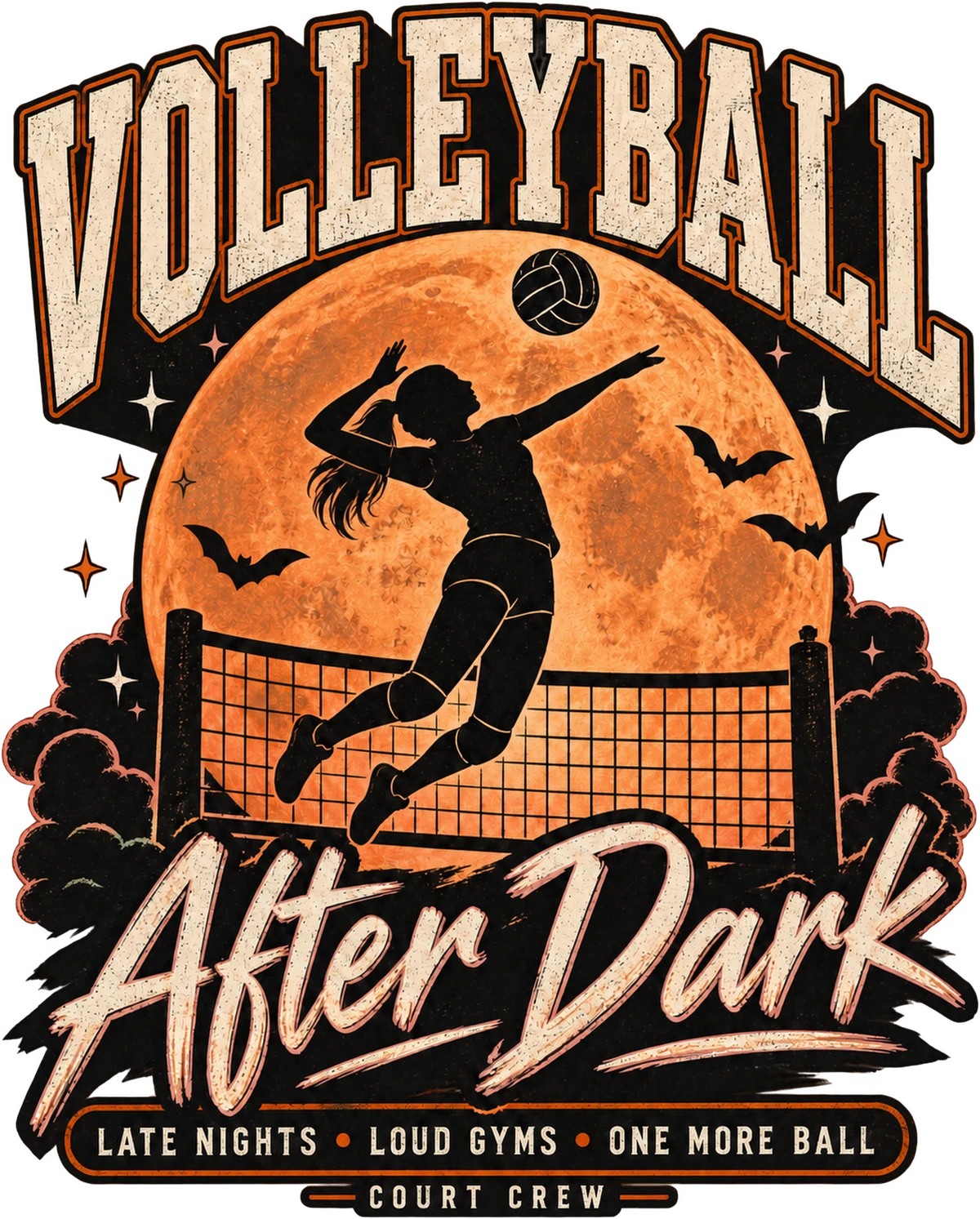 Volleyball After Dark: a player spiking in front of an orange harvest moon, with bats and a net